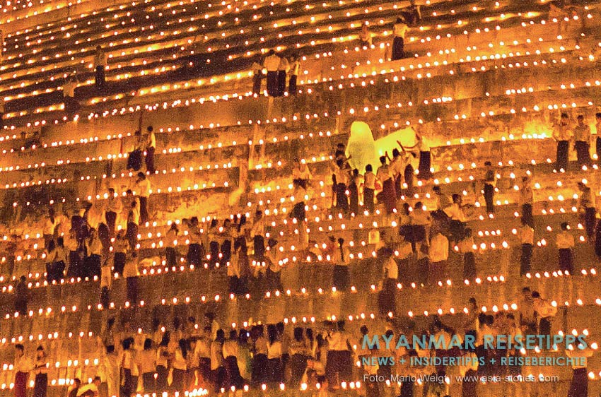 Myanmar Reisetipps | Magwe | Zum Lichterfest Thadingyut wird die Pagode Mya Tha Lun von tausenden Öllämpchen illuminiert.