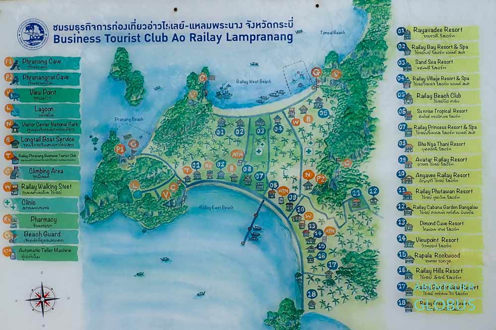 Karte für die Halbinsel Railay in Krabi mit allen Sehenswürdigkeiten, Highlights und Unterkünften